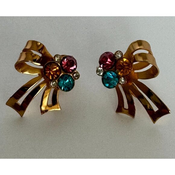Coro Screw Back Earrings Vintage Bow Ribbon Colorful Rhinestones Goldtone 1 inch - Picture 3 of 10